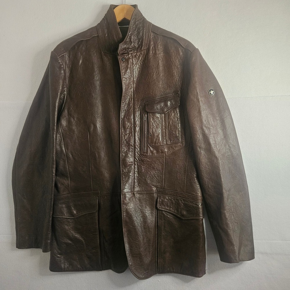 Victorinox Swiss Army Mens Brown Leather Field Jacket Coat Size 44 XL